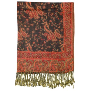 frontside of black red paisley pashmina scarf