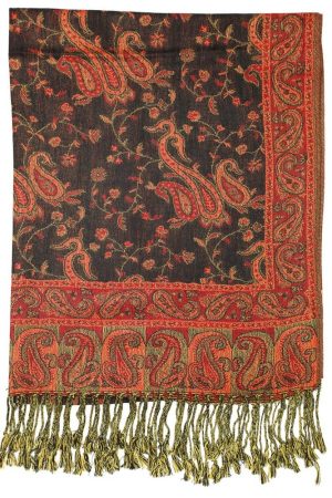 frontside of black red paisley pashmina scarf