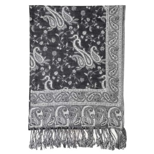 frontside of black white reversible paisley pashmina scarf