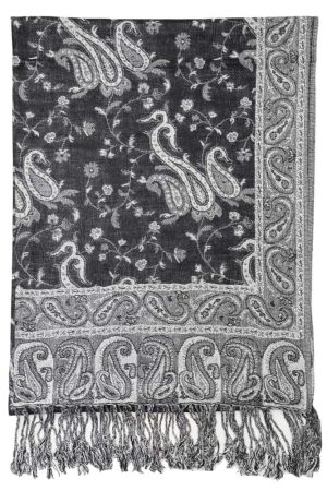 frontside of black white reversible paisley pashmina scarf