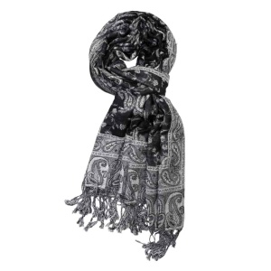 large black white reversible paisley pashmina shawl wrap scarf with fringes