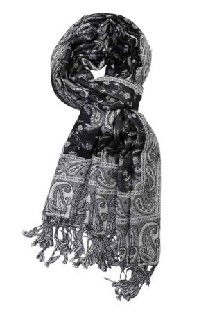 large black white reversible paisley pashmina shawl wrap scarf with fringes