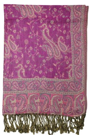 frontside of bright purple reversible paisley pashmina scarf