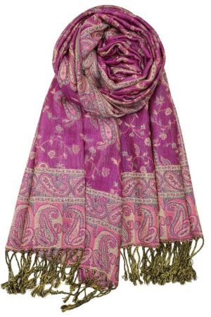 large bright purple reversible paisley pashmina shawl wrap scarf - 28" width x 80” length with fringes