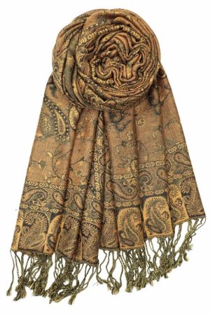 large bronze reversible paisley pashmina shawl wrap scarf with fringes