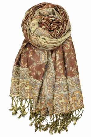 large brown reversible paisley pashmina shawl wrap scarf with fringes