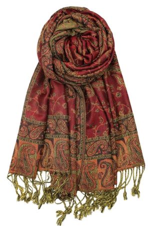 large burgundy reversible paisley pashmina shawl wrap scarf - 28" width x 80” length with fringes
