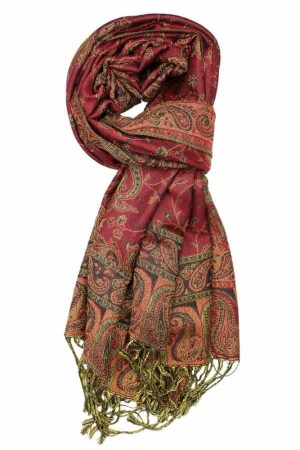 large burgundy reversible paisley pashmina shawl wrap scarf - 28" width x 80” length with fringes