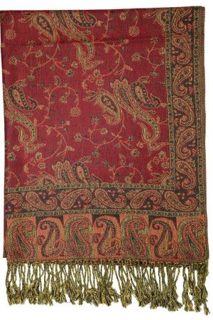 large burgundy reversible paisley pashmina shawl wrap scarf - 28" width x 80” length with fringes
