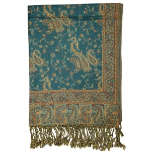 frontside of dark seagreen reversible paisley pashmina scarf