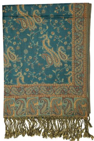 frontside of dark seagreen reversible paisley pashmina scarf