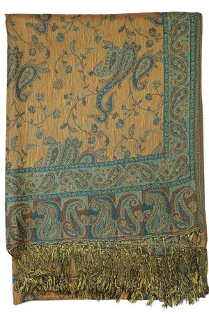 backside of dark seagreen reversible paisley pashmina scarf