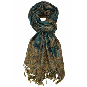 large dark seagreen reversible paisley pashmina shawl wrap scarf with fringes