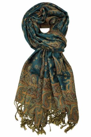 large dark seagreen reversible paisley pashmina shawl wrap scarf with fringes