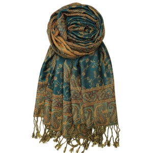 large dark seagreen reversible paisley pashmina shawl wrap scarf with fringes
