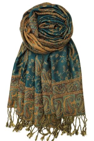 large dark seagreen reversible paisley pashmina shawl wrap scarf with fringes
