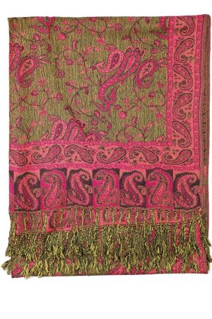 large fuchsia reversible paisley pashmina shawl wrap scarf - 28" width x 80” length with fringes