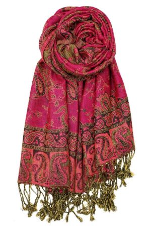 large fuchsia reversible paisley pashmina shawl wrap scarf - 28" width x 80” length with fringes