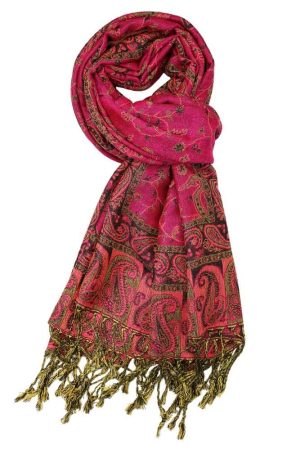 large fuchsia reversible paisley pashmina shawl wrap scarf - 28" width x 80” length with fringes