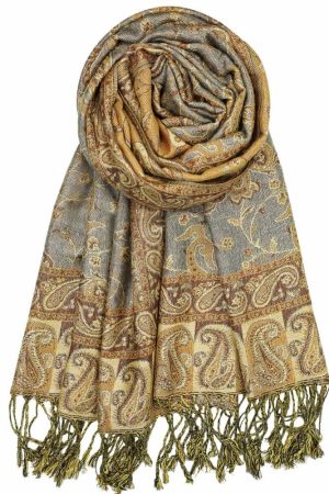 large grey bronze reversible paisley pashmina shawl wrap scarf with fringes