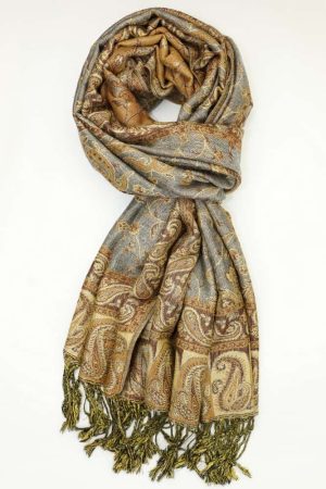 large grey bronze reversible paisley pashmina shawl wrap scarf with fringes