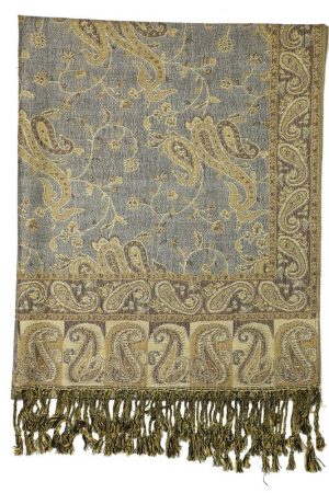 frontside of grey gold paisley pashmina scarf