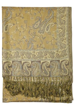 backside of grey gold paisley pashmina scarf