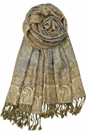 large grey gold reversible paisley pashmina shawl wrap scarf - 28" width x 80” length with fringes