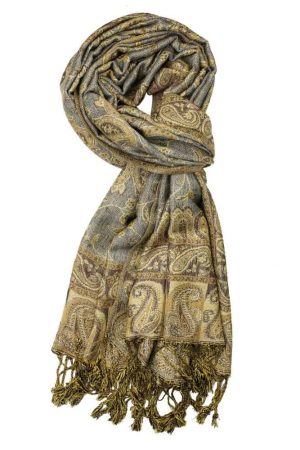 large grey gold reversible paisley pashmina shawl wrap scarf - 28" width x 80” length with fringes
