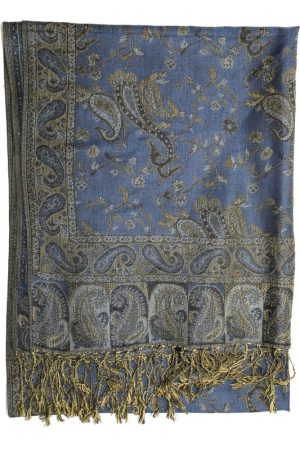 frontside of light navy reversible paisley pashmina scarf