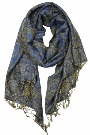 large light navy reversible paisley pashmina shawl wrap scarf with fringes