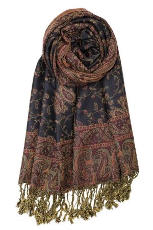 large navy reversible paisley pashmina shawl wrap scarf with fringes