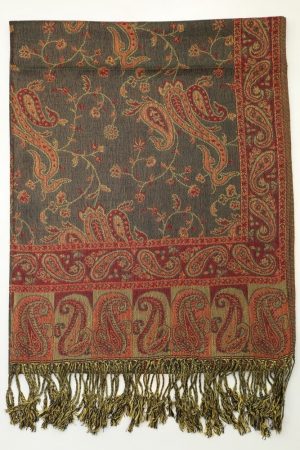 large olive burgundy reversible paisley pashmina shawl wrap scarf with fringes