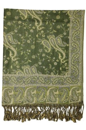 frontside of dark olive reversible paisley pashmina scarf