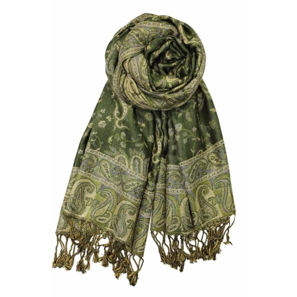 large dark olive reversible paisley pashmina shawl wrap scarf - 28" width x 80” length with fringes