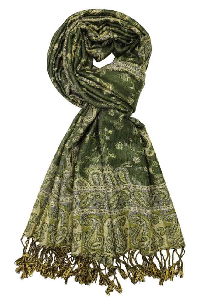 large dark olive reversible paisley pashmina shawl wrap scarf - 28" width x 80” length with fringes