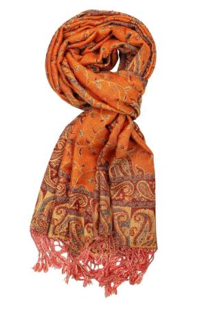 large orange reversible paisley pashmina shawl wrap scarf - 28" width x 80” length with fringes