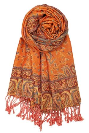 large orange reversible paisley pashmina shawl wrap scarf - 28" width x 80” length with fringes