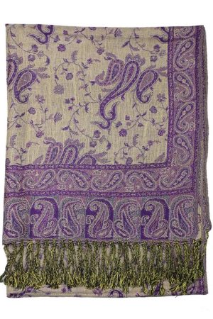 backside of purple reversible paisley pashmina scarf