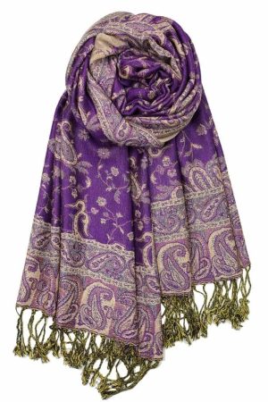 large purple reversible paisley pashmina shawl wrap scarf with fringes