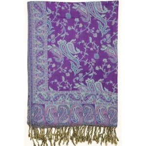 frontside of purple turquoise reversible paisley pashmina scarf