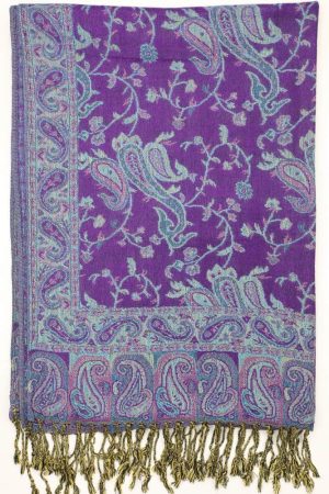 frontside of purple turquoise reversible paisley pashmina scarf