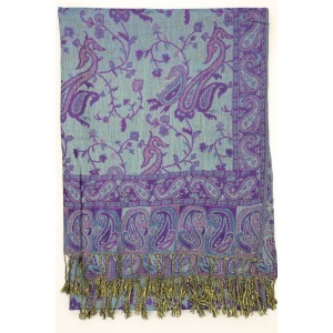 backside of purple turquoise reversible paisley pashmina scarf