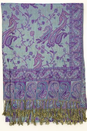 backside of purple turquoise reversible paisley pashmina scarf