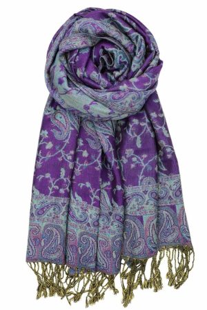 large purple turquoise reversible paisley pashmina shawl wrap scarf with fringes