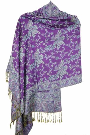large purple turquoise reversible paisley pashmina shawl wrap scarf with fringes