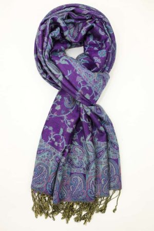 large purple turquoise reversible paisley pashmina shawl wrap scarf with fringes