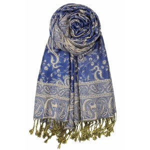 large royal blue reversible paisley pashmina shawl wrap scarf - 28" width x 80” length with fringes