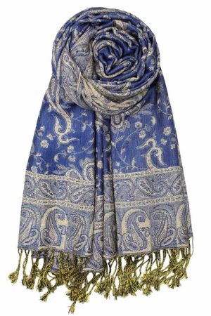 large royal blue reversible paisley pashmina shawl wrap scarf - 28" width x 80” length with fringes