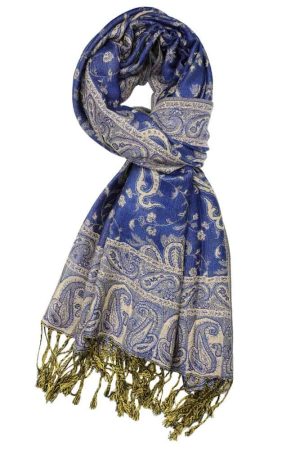 large royal blue reversible paisley pashmina shawl wrap scarf - 28" width x 80” length with fringes